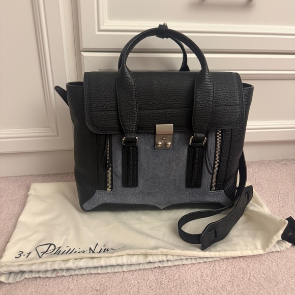 3.1 Phillip Lim Blue Pashli Medium Denim & Shark Embossed Leather Satchel - Picture 3 of 8